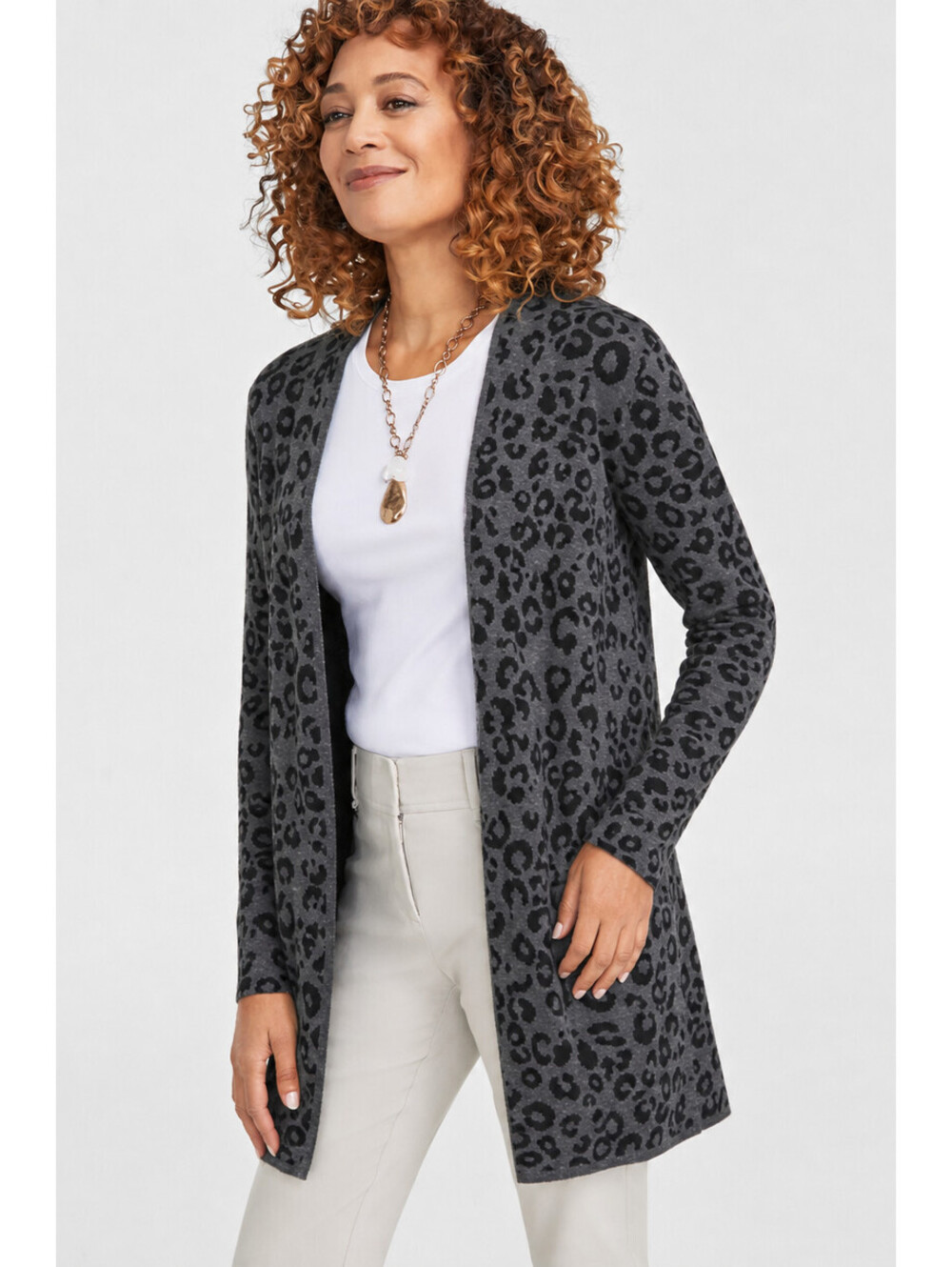 JM Collection  Grey Black Leopard Open Front Cotton Blend Cardigan Sz PP (XS 0 2